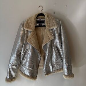 Tommy Hilfiger Silver Metallic Faux-Shearling Moto Jacket